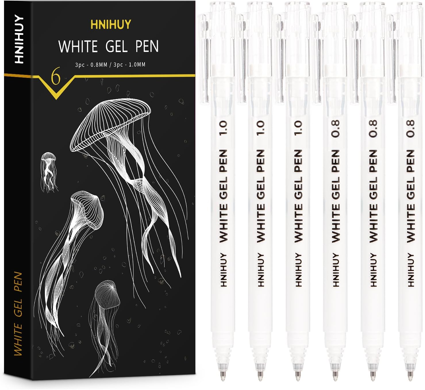 HNIHUY White Gel Pens,1mm, 0.8mm Fine Point Opaque White Archival Ink Pen for Black Paper Drawing, Sketching, Illustration, Bullet Journaling, Pack of 6