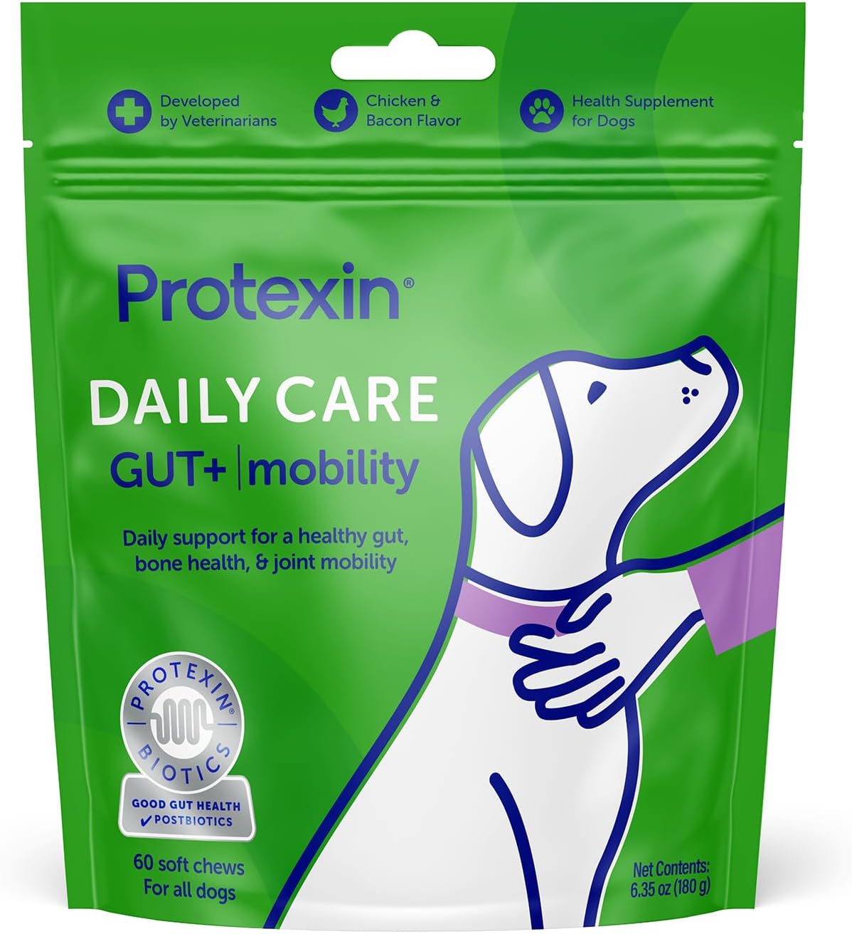 Daily Care Gut+ Mobility | 60 Dog Chews, Chicken and Bacon Flavor Dog Supplement | Probiotics for Dogs, Dog Postbiotics
