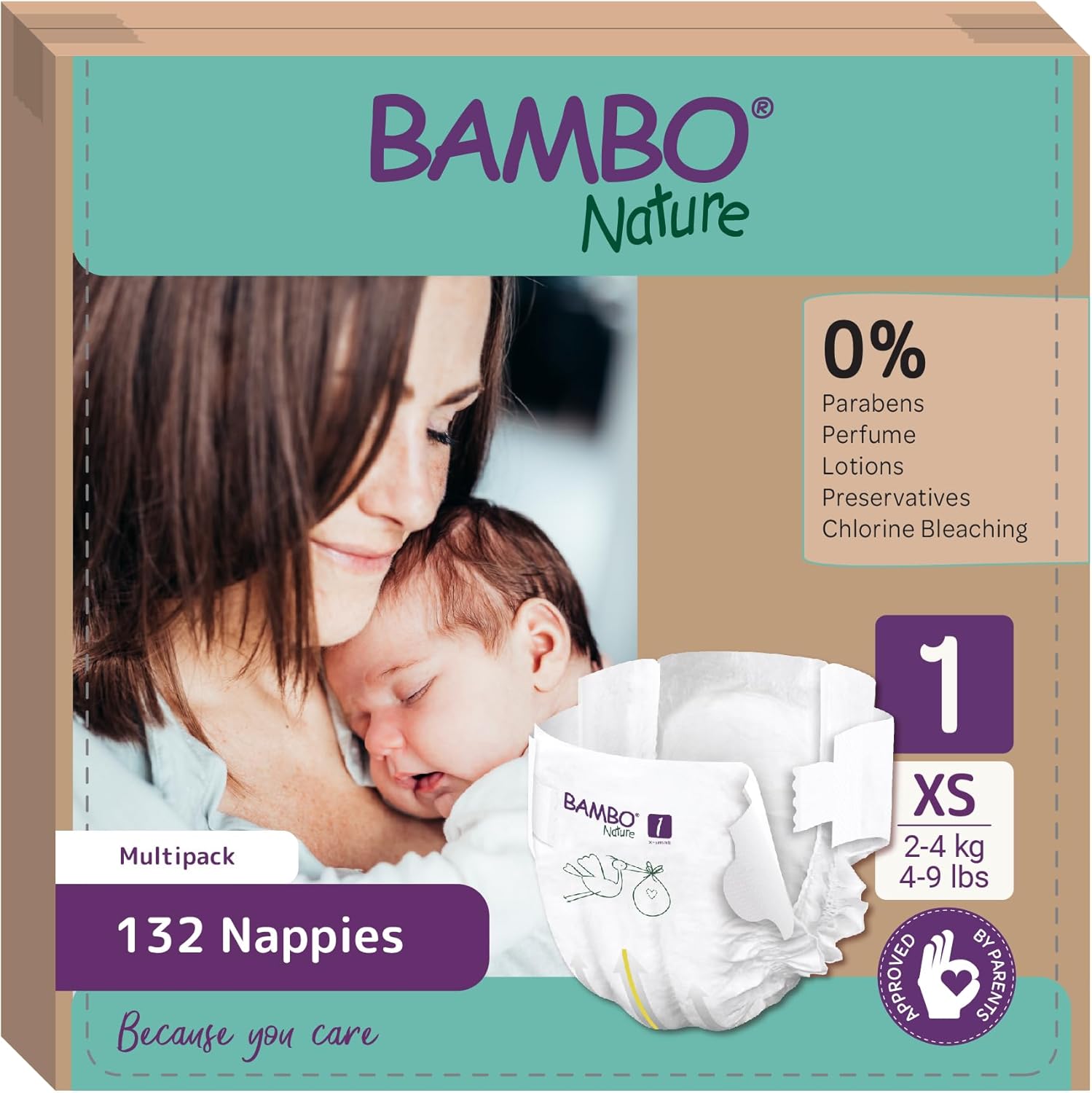 Bambo Nature Premium Eco Nappies, Size 1 (4-9 lb/2-4 kg), 132PK, Eco-Labelled Newborn Nappy, Enhanced Leakage Protection, Secure and Comfortable Baby Nappies, Newborn Essentials