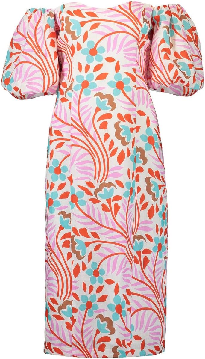 Women's Karima Linen Puff Sleeve Midi Dress Lago Vine