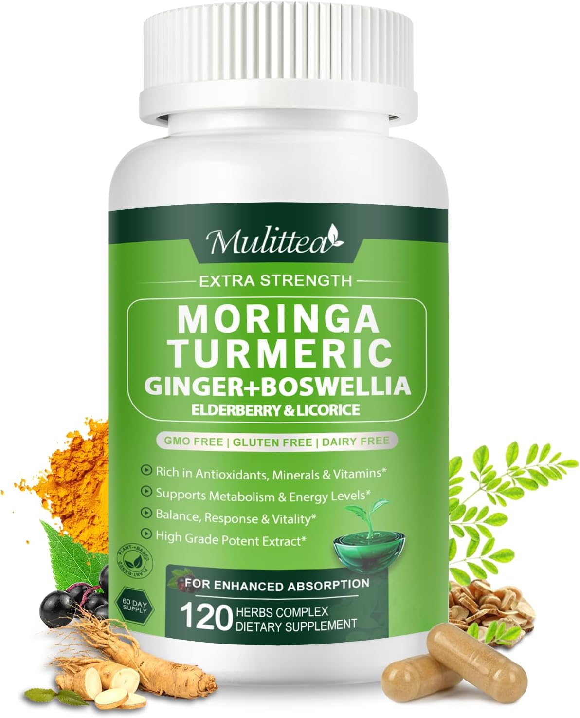 Moringa Capsules Organic 1000mg, 7-in-1 Superfood with Turmeric, Ginger, Elderberry, Licorice & Boswellia - Support Immune, Skin, Gut & Antioxidant-Non-GMO, GMP, 120 Vegan Capsules, 2 Months Supply