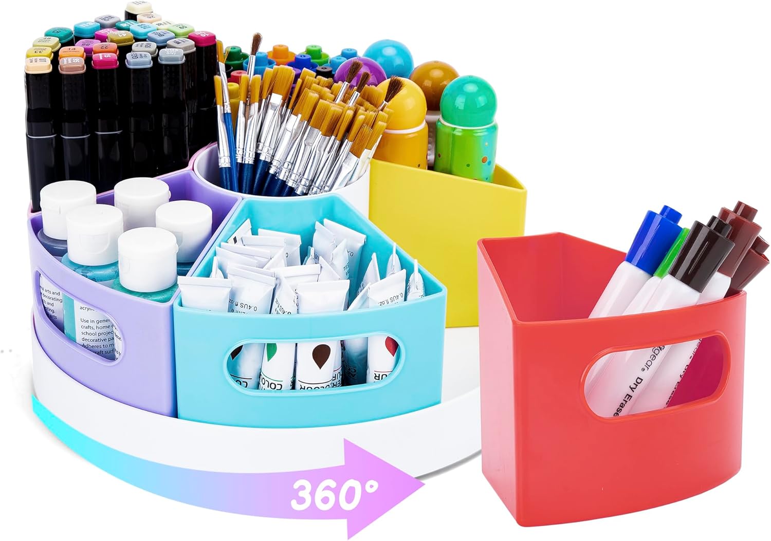 Rotating Art Supply Organizer, Extra Large 360° Caddy Organizer with 7 Removable Compartments for Kids, Rainbow Stationary Crayon Holder for Home, School, and Classroom
