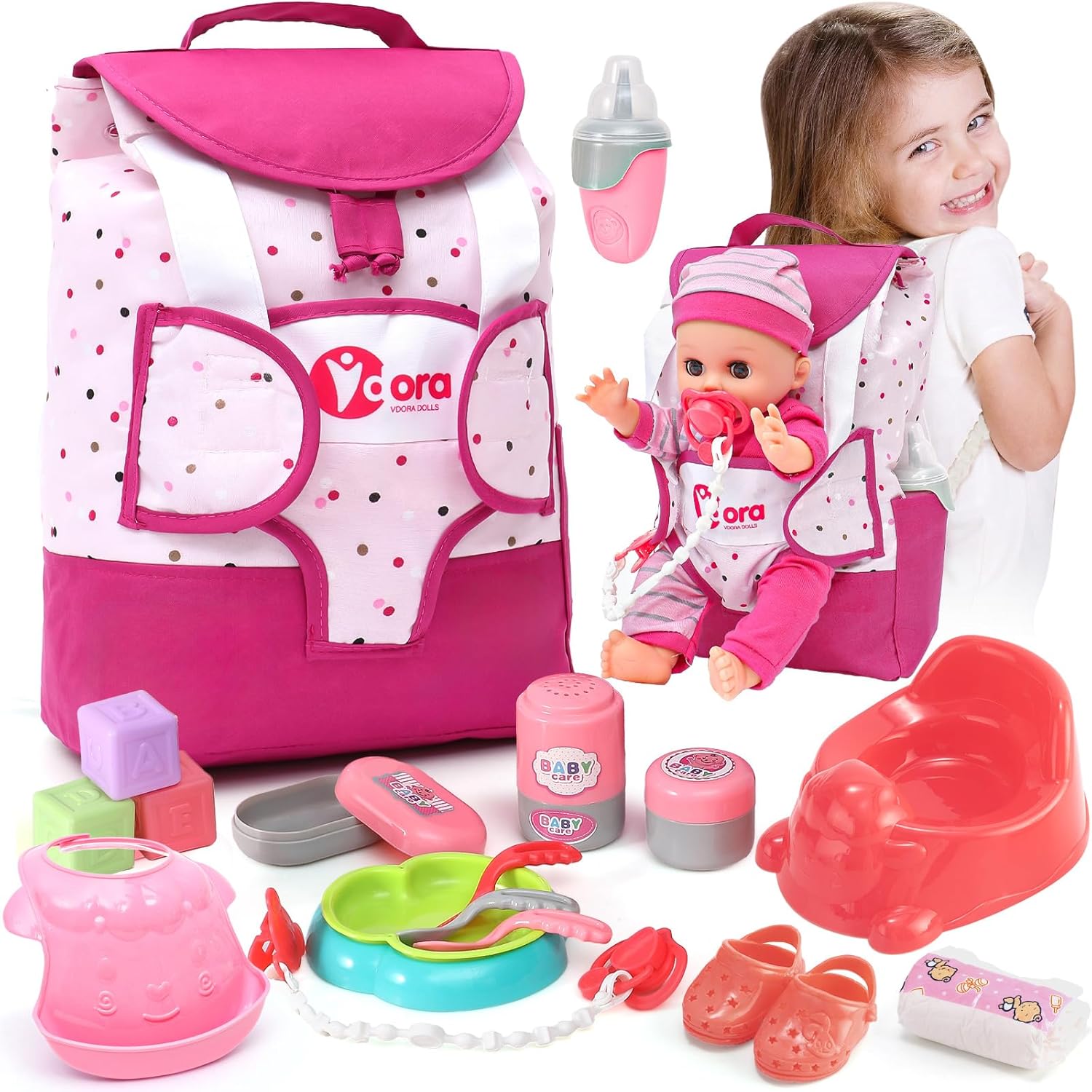 Tacobear Baby Doll Accessories Playset Toys with Changing Bag Backpack Feeding Set Baby Nappies Bottle Bath, Dolls Care Set Fit 36cm Dolls Gifts Toys for Kids Girls (Doll Not Included)