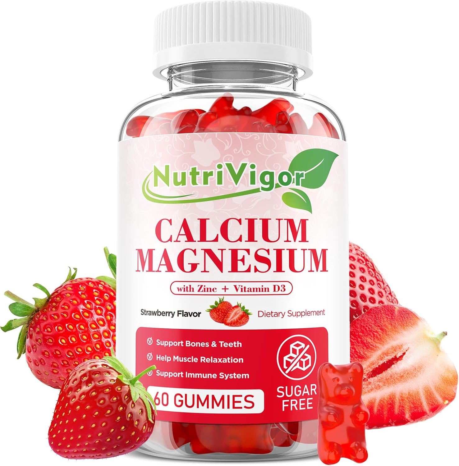 Calcium Magnesium Zinc Gummies with High Absorption Magnesium 300mg, Calcium Supplement with D3 for Bone, Muscles & Immune Support for Kids & Adults, Strawberry Flavor, 60 Count