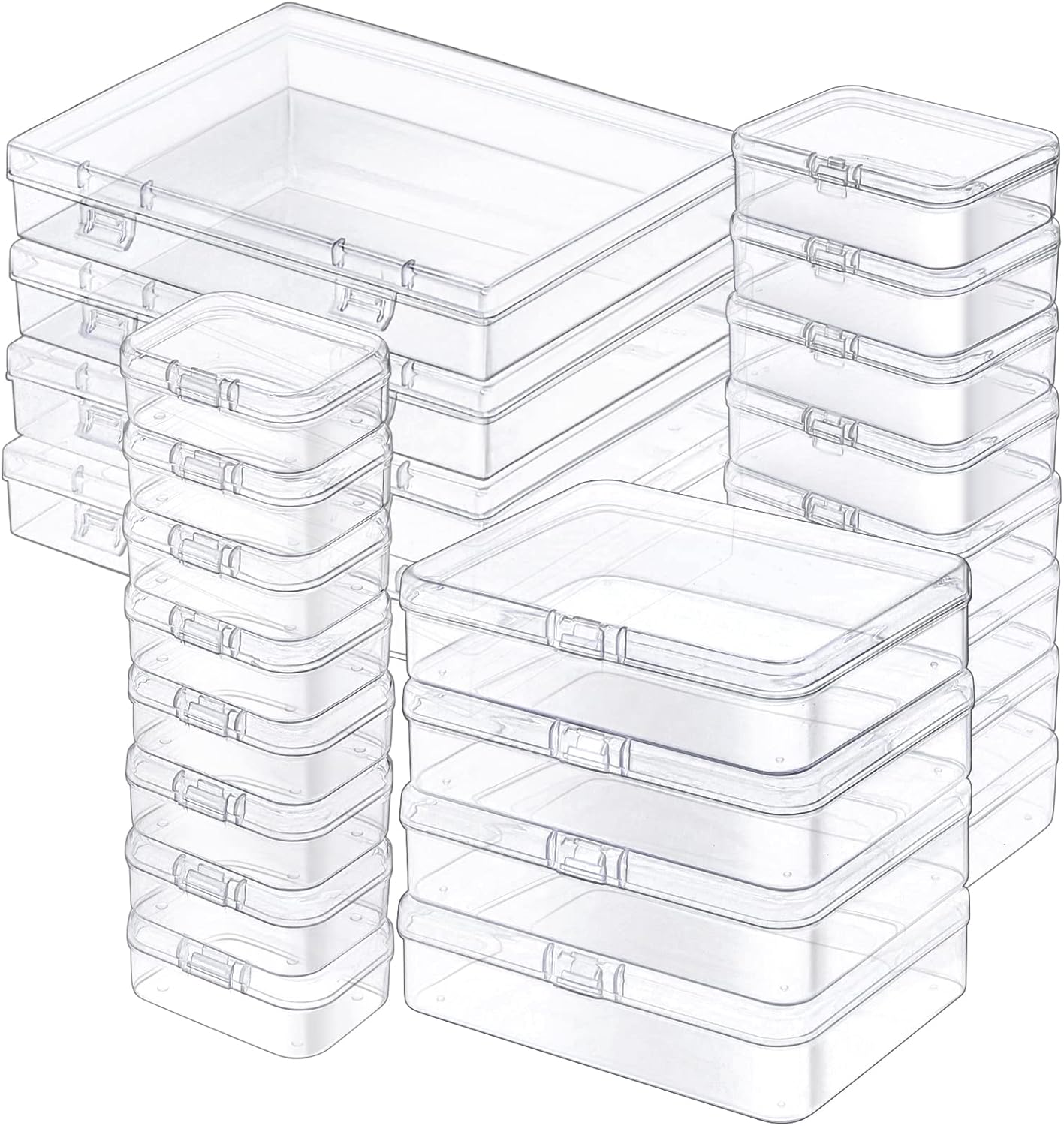 24 Pack Mixed Sizes Rectangular Mini Plastic Containers Clear Plastic Storage Boxes with Hinged Lids and Labels Empty Beads Organizers for Small Items Art Craft Jewelry Projects