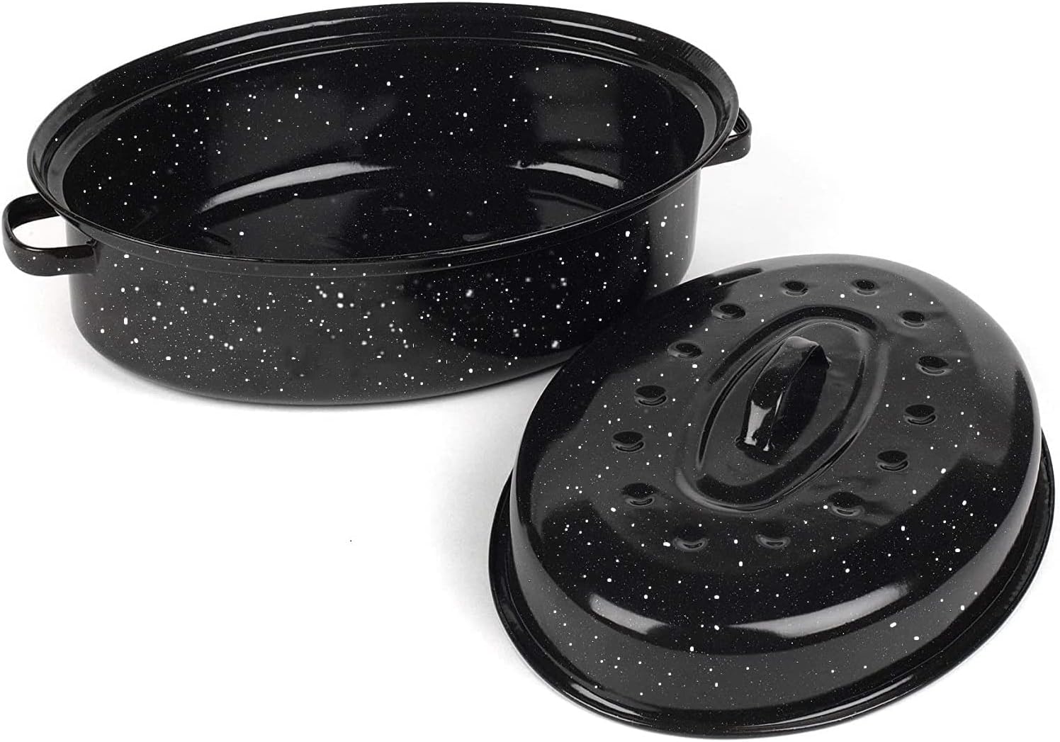 16 Inch Roasting Pan with Lid - Covered Oval Roaster - Enamel Carbon Steel Roaster Pot - Excellent Heat Distribution and Non-sticky - for Turkey Chicken Meat & Vegetables -Birthday and Holiday gifts