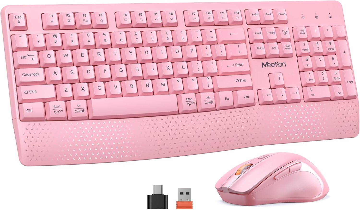 MEETION Wireless Keyboard and Mouse, Full-Sized Cordless Keyboard with Wrist Rest and 3 DPI Adjustable Mouse, 2.4G Wireless, Compatible with PC/Computer/Laptop/Windows/Mac, Pink