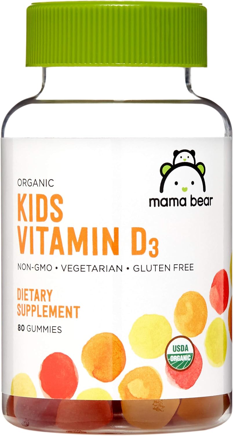 Amazon Brand - Mama Bear Organic Kids Vitamin D3 25 mcg (1000 IU) Gummies per serving, Bone and Immune Health, Strawberry, 80 Count