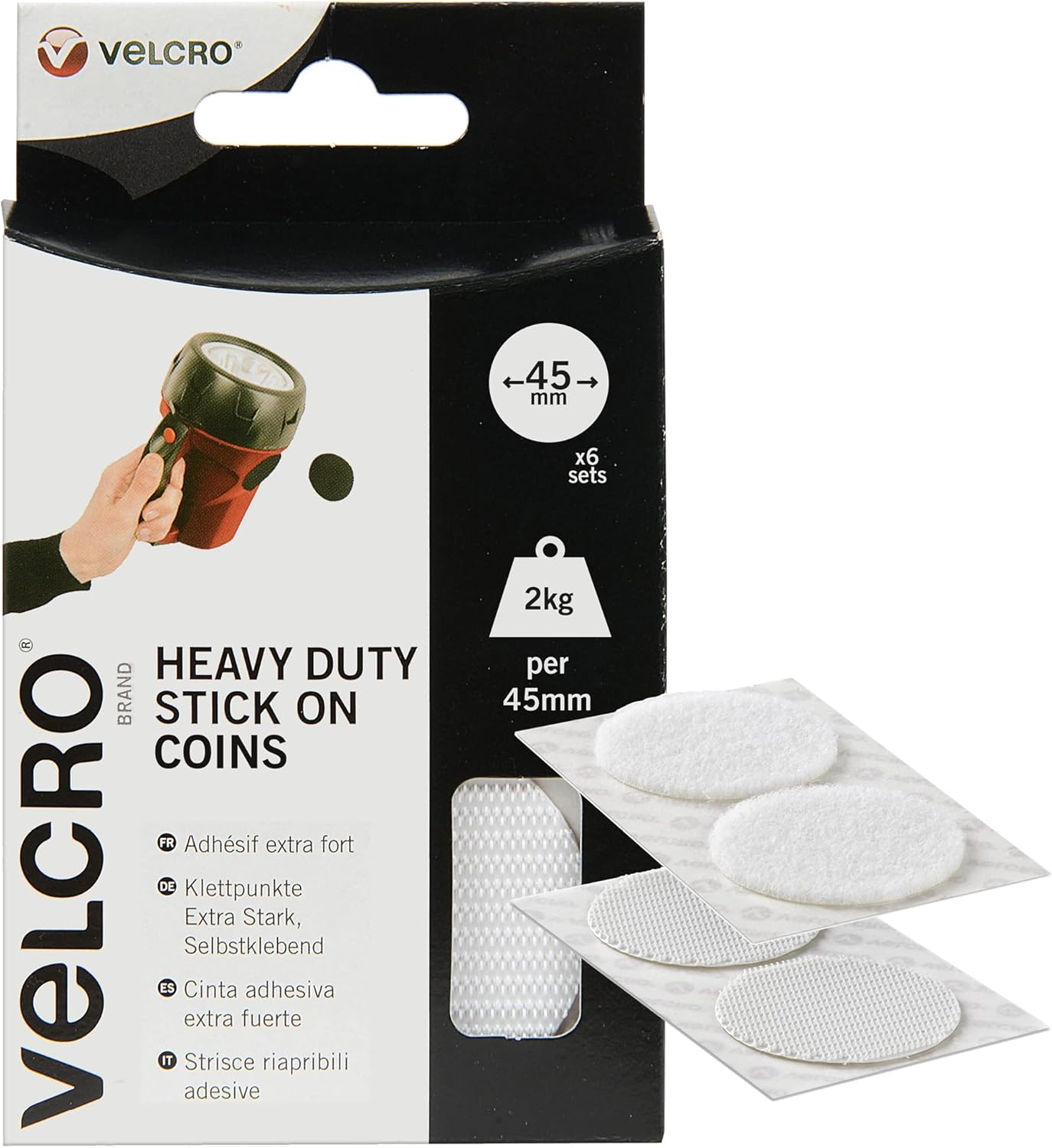 VELCRO® Brand | Heavy Duty Stick On Coins | Industrial Strength Hook & Loop Self Adhesive Sticky Coins Perfect for Room Décor & Home, Office, Garage Use | White | 45mm x 45mm | Set of 6