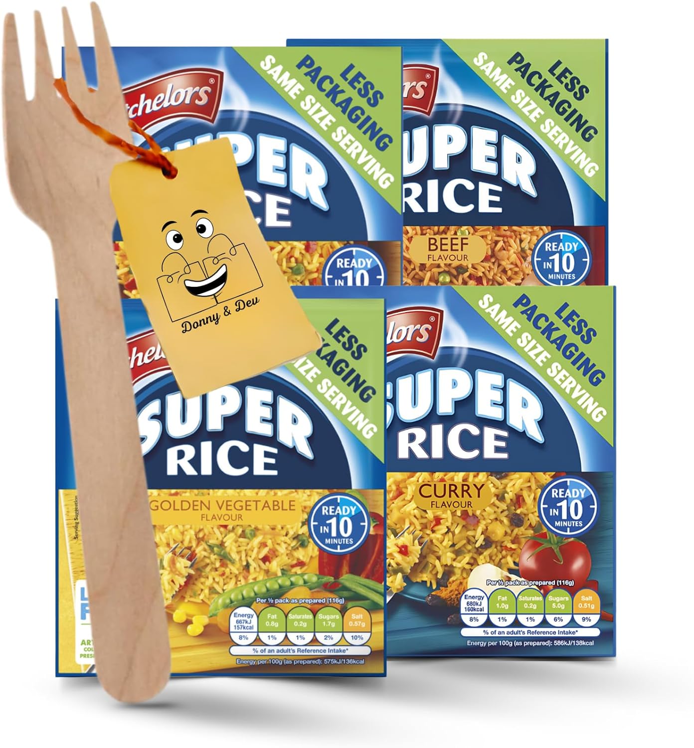 Easy to Cook Meals: Batchelors Savoury Rice Instant Rice : Beef, Golden Vegetables, Chicken Flavour, Batchelors Curry Rice (90 g each) & 1 x Wooden Fork by Donny & Dev