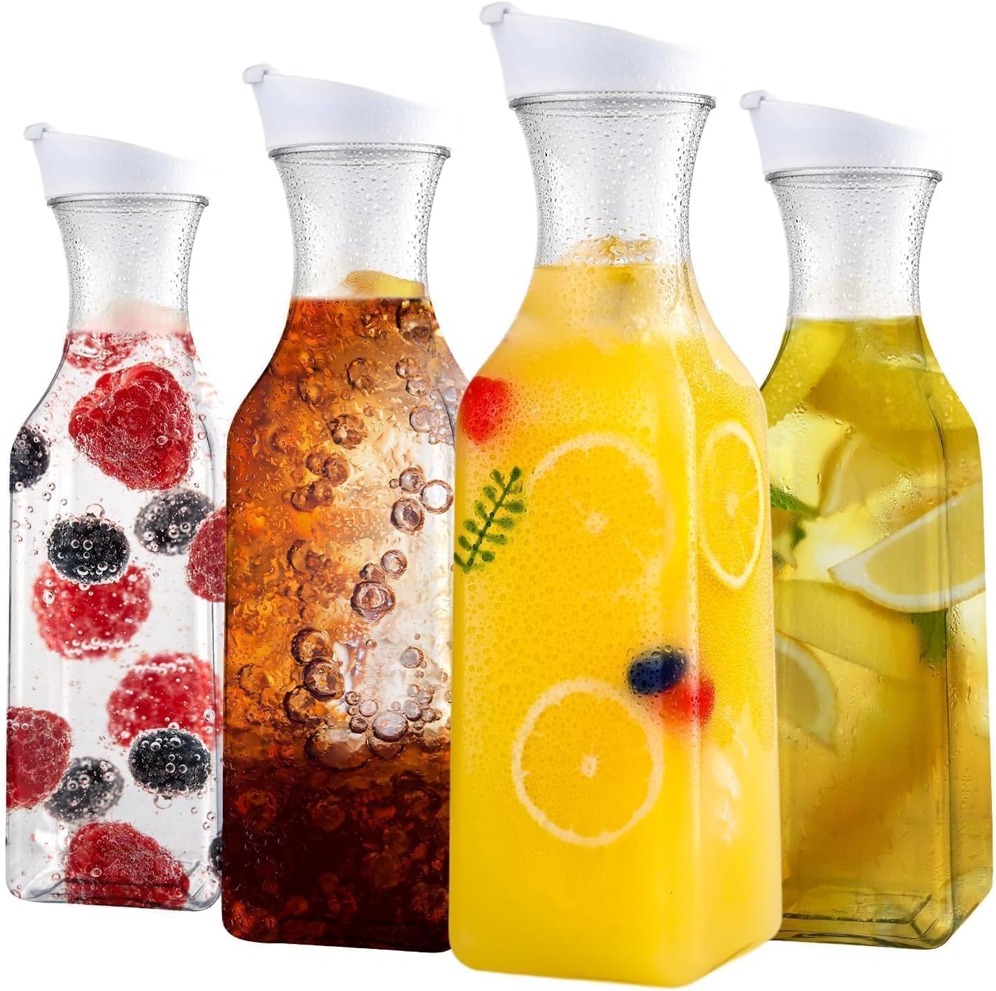 Set of 4 Plastic Carafe with Lid, 50 Oz Carafes for Mimosa Bar, Square Base Juice Containers, Water Bottle, Milk Container, Clear Beverage Containers for Fridge