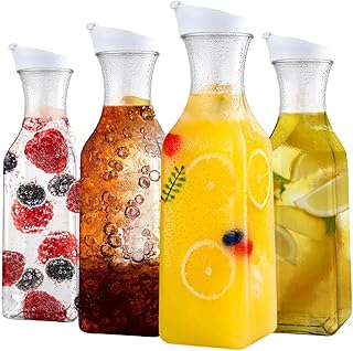 Set of 4 Plastic Carafe with Lid, 50 Oz Carafes for Mimosa Bar, Square Base Juice Containers, Water Bottle, Milk Container, Clear Beverage Containers for Fridge