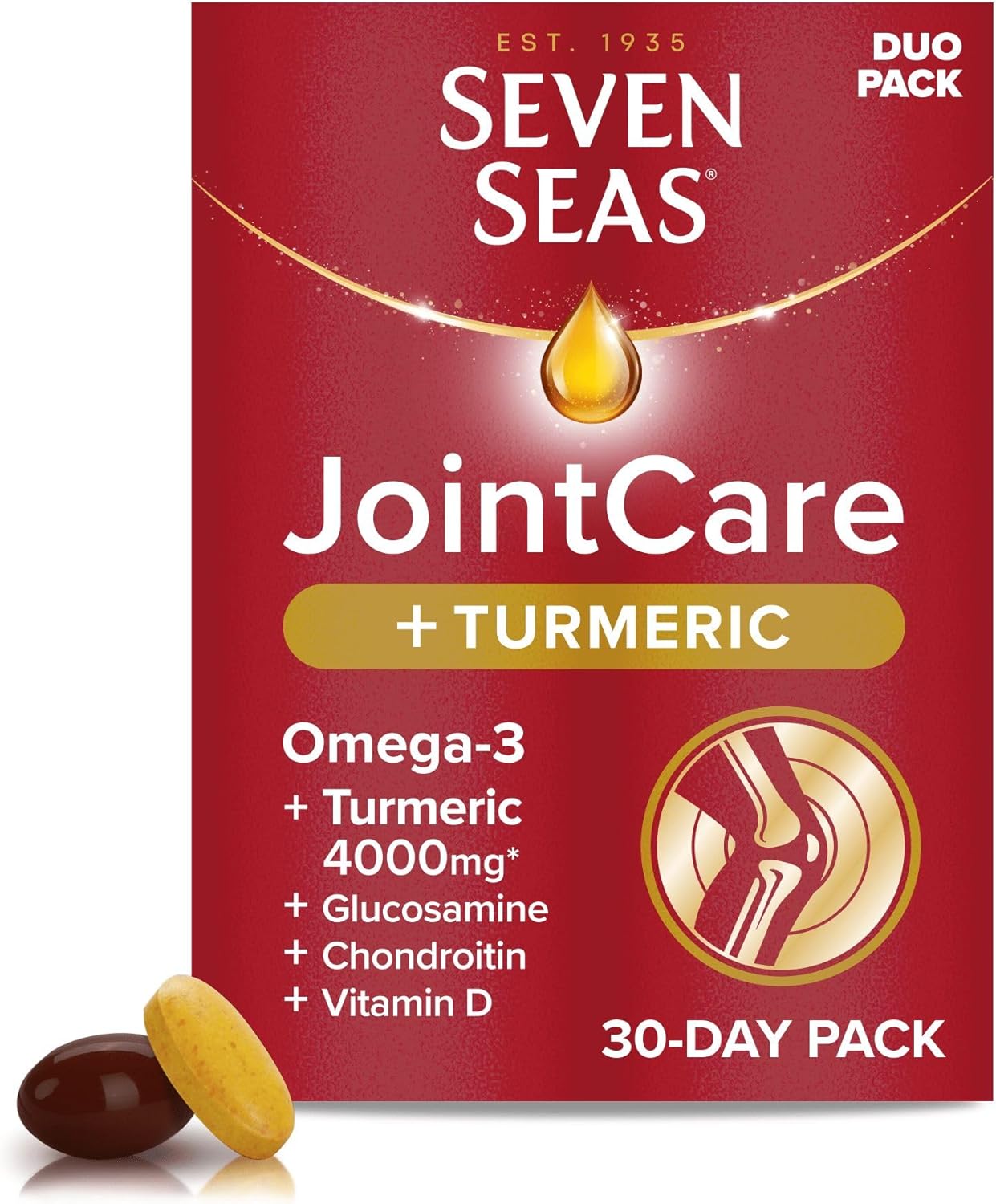 Seven Seas JointCare Plus Turmeric, with Omega-3, Glucosamine, Chondroitin, Vitamins C and D, Manganese and Zinc, Food Supplements, 30-Day Pack