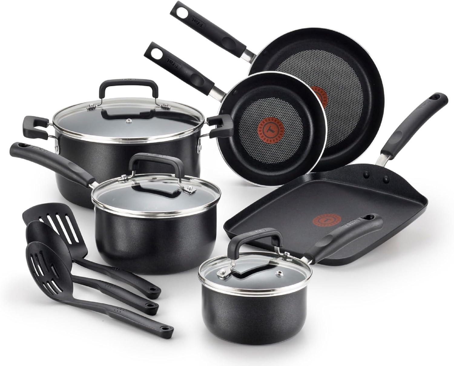 T-fal Signature Nonstick Cookware Set 12 Piece, Oven Broiler Safe 350F, Pots and Pans, Kitchen Cooking Set w/Fry Pans, Saucepans, Saute Pan, Dutch Oven, Griddle, Kitchen, Home, Dishwasher Safe, Black
