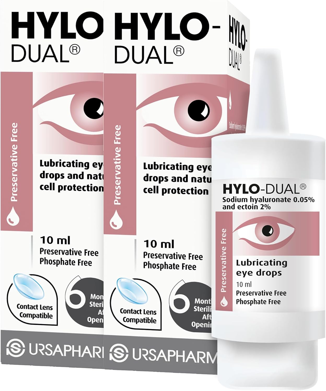 HYLO Dual Double Pack- Preservative Free Eyedrops - Contains 0.05% Sodium Hyaluronate and 2% Ectoin - Moisturises Dry Eyes and Reduces Allergic Symptoms - 2 x 10ml