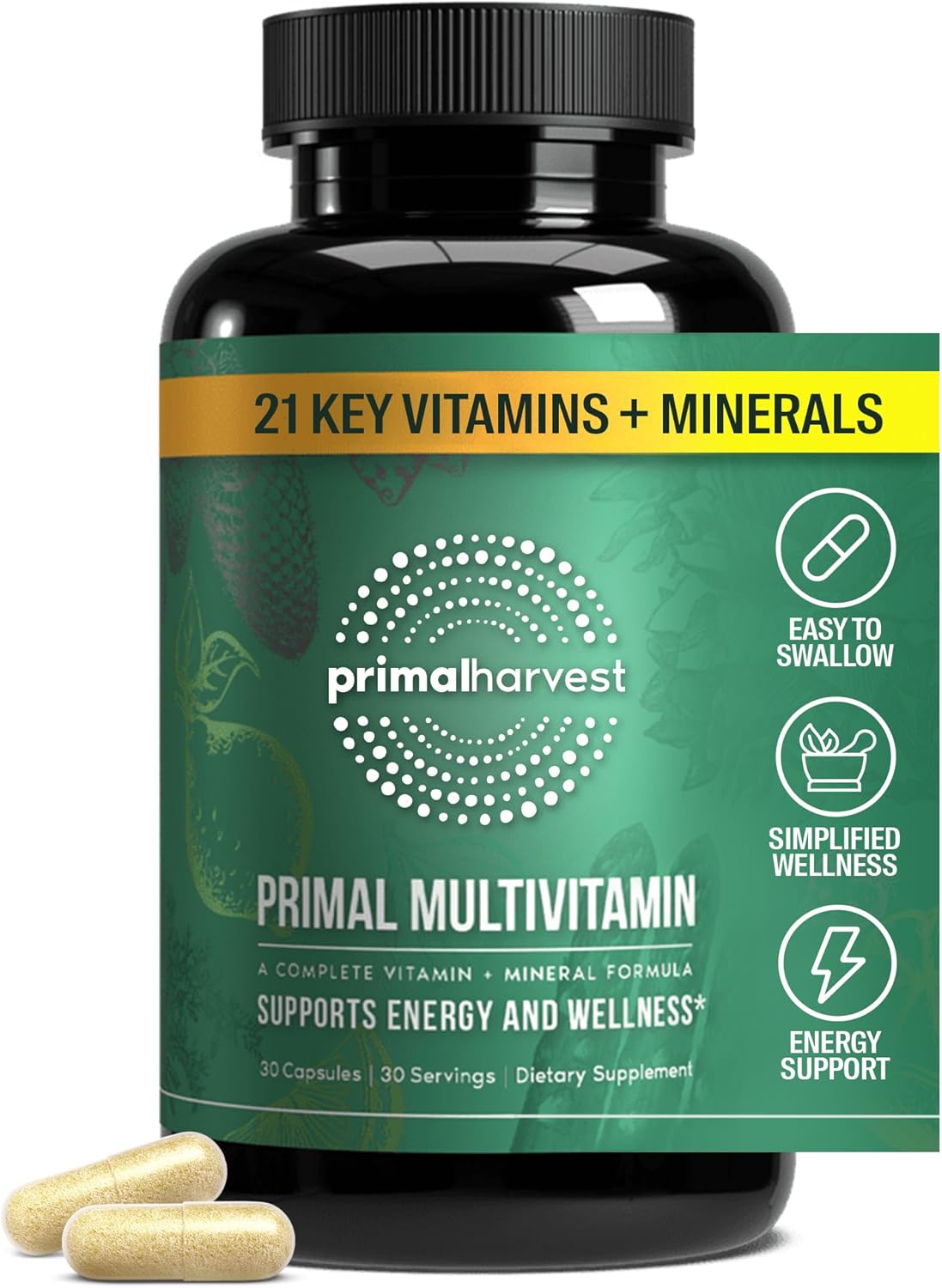 Primal Harvest Primal Multivitamin - Daily Multi-Vitamin Supplement with 21 Essential Vitamins & Minerals for Women & Men - Vitamin A, C, D, E, B12, B6, Biotin, Folic Acid, Zinc, Copper & Selenium