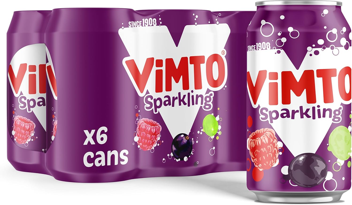 Vimto Fizzy Fruit Juice Drink – Blackcurrant, Grape & Raspberry – 6 x 330ml Cans – Vegetarian – Sparkling Mixed Fruit Flavour – Real Juice from Concentrate