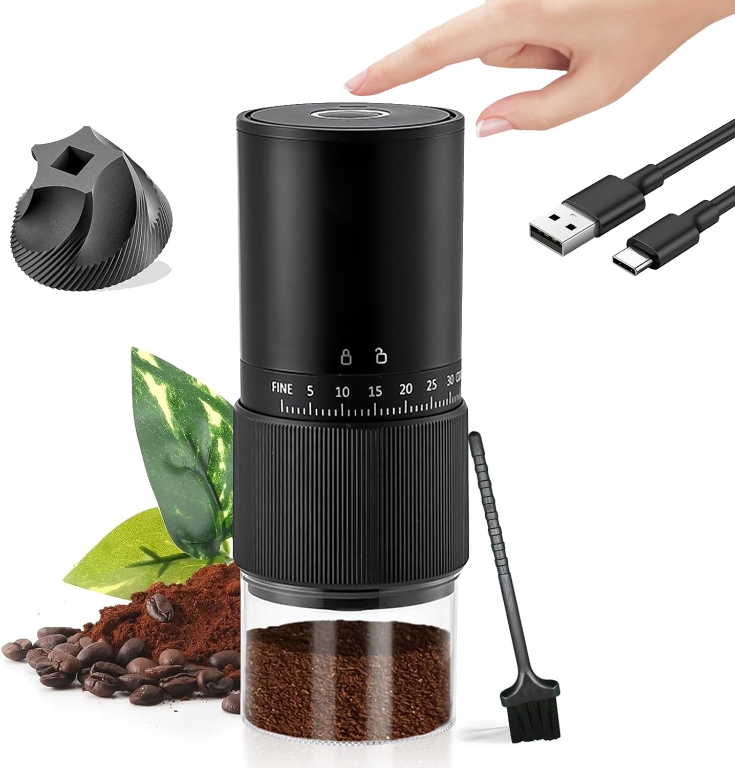 Portable Burr Coffee Grinder, Small Electric Coffee Grinder with 30 Settings, Rechargeable Cordless Coffee Bean Grinder with Conical Ceramic Burr and Cleaning Brush for Travel and Camping