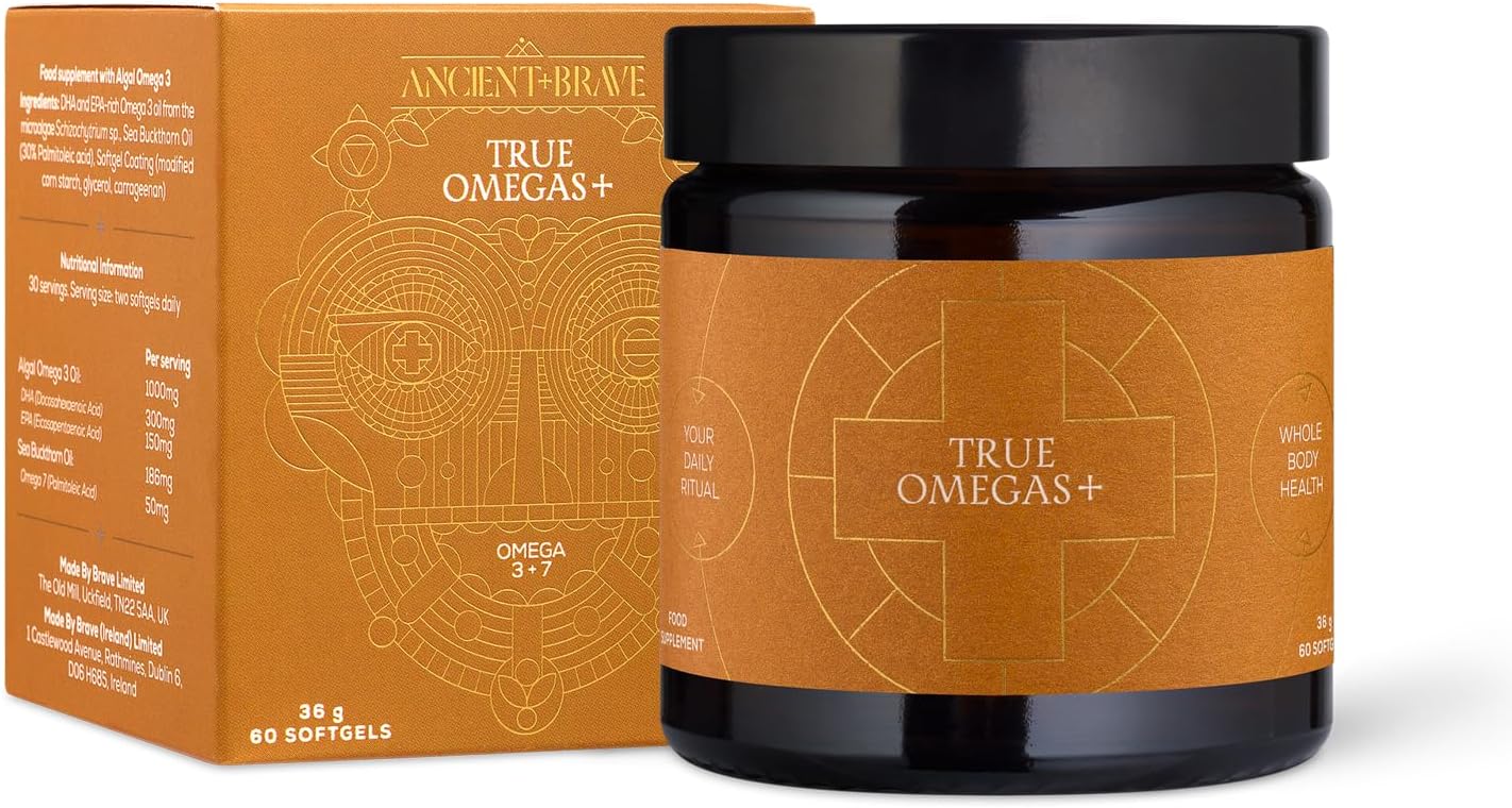 Ancient + Brave True Omegas+ 60 Capsules - Vegan Omega-3 Omega-7 - Sustainable Nutrition Supplement – Plant Based Essential Fatty Acids for Vision Brain and Heart Health
