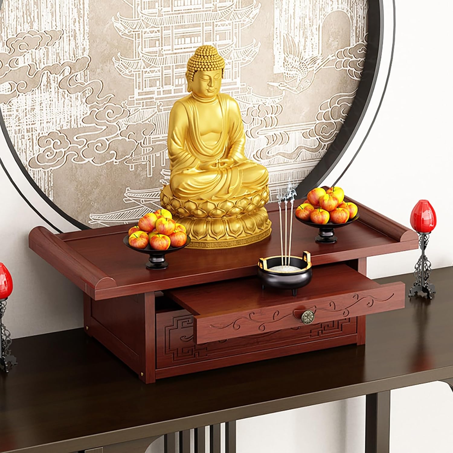 Buddha Altar Tabletop Shrine Cabinet Sturdy Natural Retro Design,Carved Loong Temple Display Cabinet