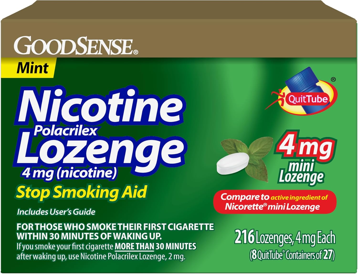 GoodSense Mini Nicotine Polacrilex Lozenge, 4 mg (Nicotine), Mint Flavor, Stop Smoking Aid, 216 Count