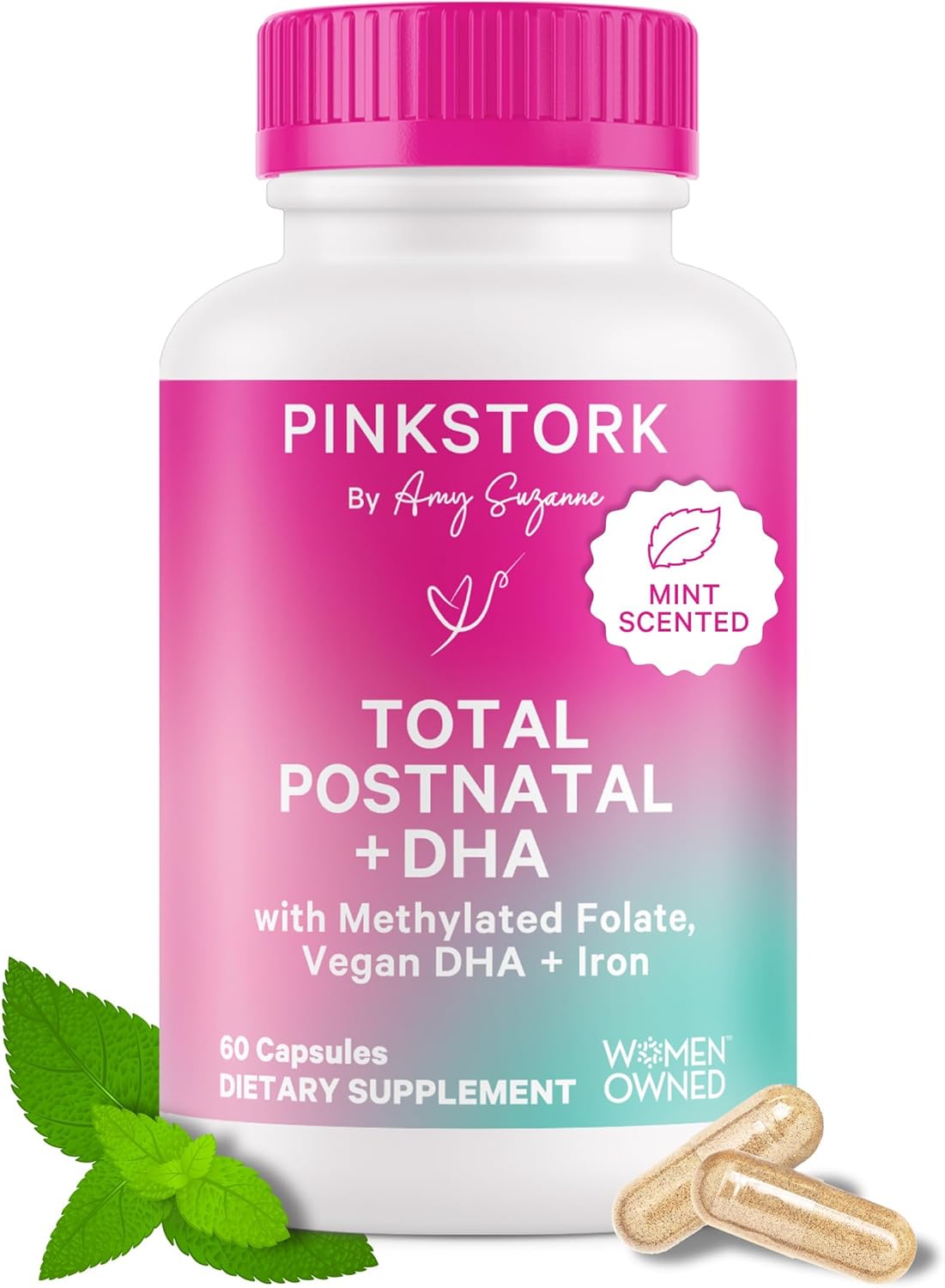 Pink Stork Total Postnatal Vitamins for Women - Mint Essenced Capsules with Vegan DHA, Iron, Folate, and Vitamin B12, Postpartum Recovery Essentials - 1 Month Supply