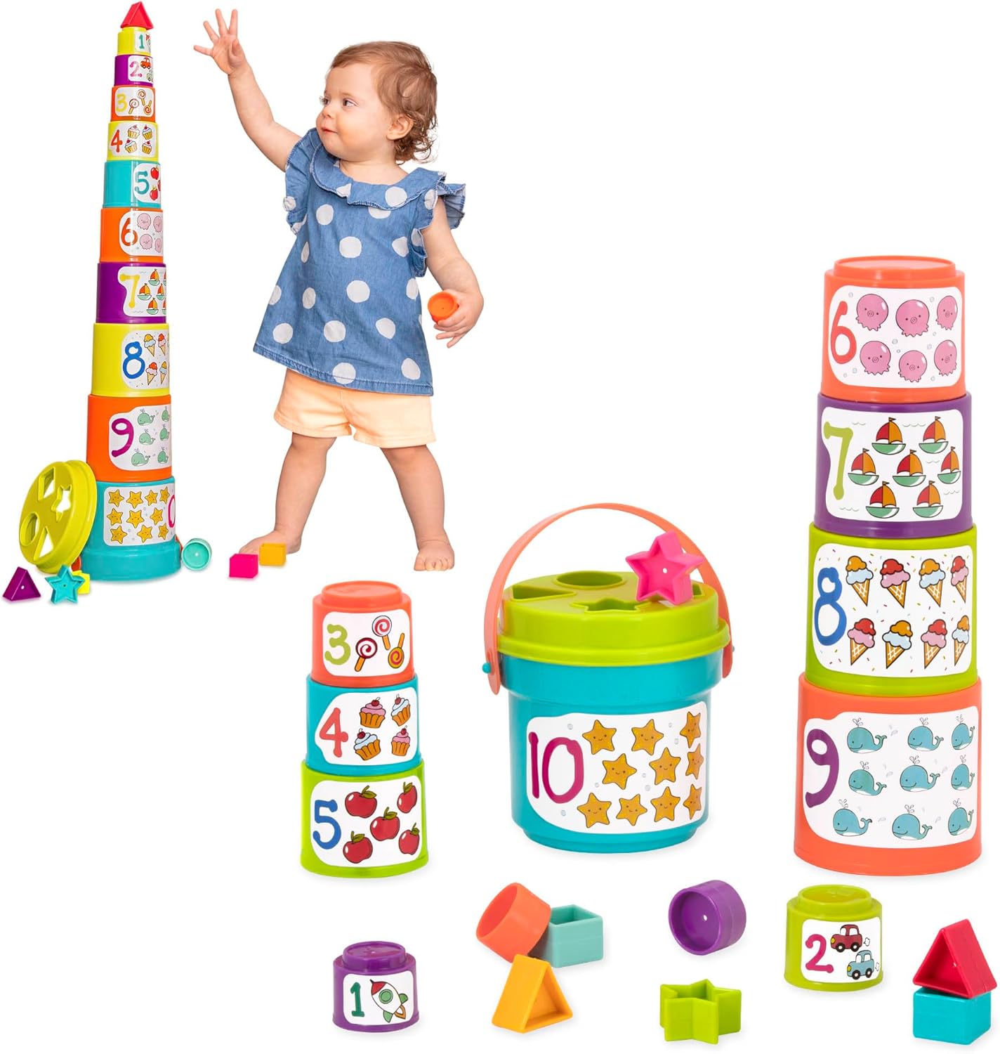 Battat – Nesting Sorter Set – 19 Pieces Stacking Bucket Sort Set – 10 Cups & 8 Shapes – Educational & Dexterity Toys – 18+ Months – Sort & Stack