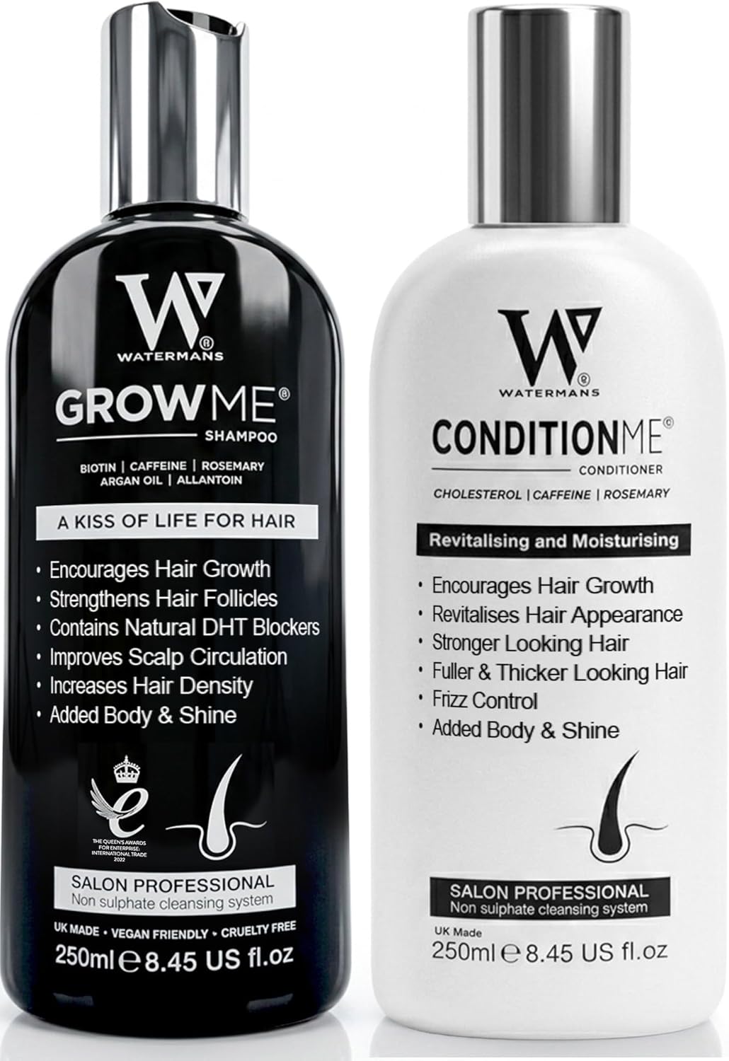 Hair Growth Shampoo & Conditioner by Watermans UK Biotin, Argan Oil, Allantoin, Rosemary, Niacinamide, Lupin. Male & Female Hair Loss Products