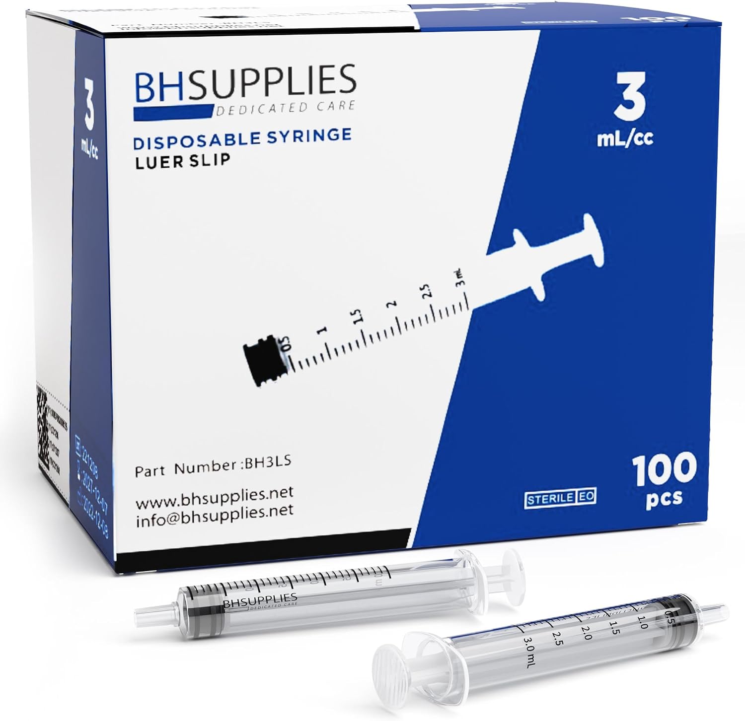 BH Supplies 3ml Luer Slip Tip Syringe - (No Needle) - Sterile, Individually Wrapped - 100 Syringes