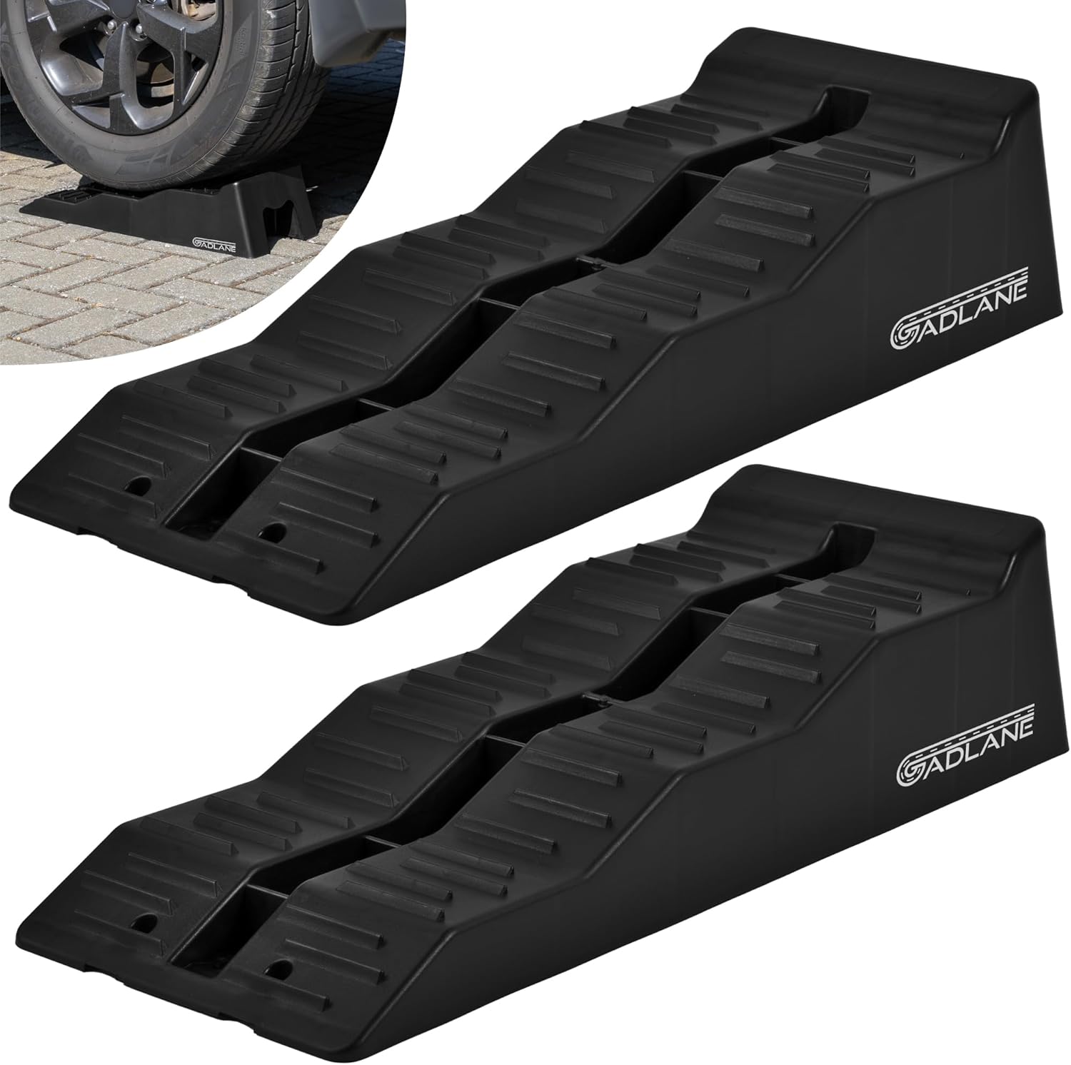 GADLANE Caravan Levelling Ramp Set - 2 Pack Heavy Duty Motorhome Levelling Ramps for Campervans, Trailers - UV-Resistant Wheel Chocks with Anti-Skid Grooves (Load Capacity: 4.5 Tonnes) - BLACK