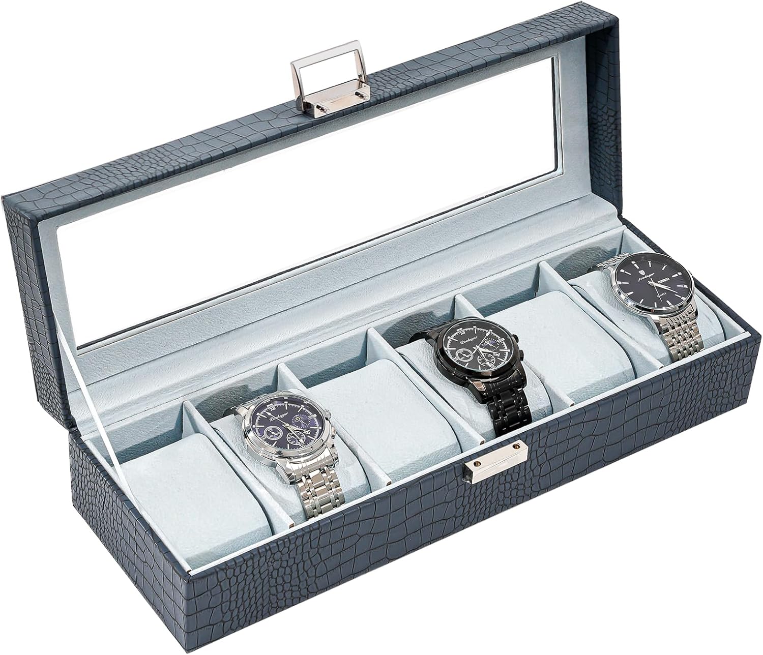 ProCase Watch Box for Men, 6 Slot Watch Display Case Mens Watch Box Organizer, Watch Cases for Men Watch Storage, Watch Holder Organizer with Glass Lid -6 Slot, CrocCobaltBlue