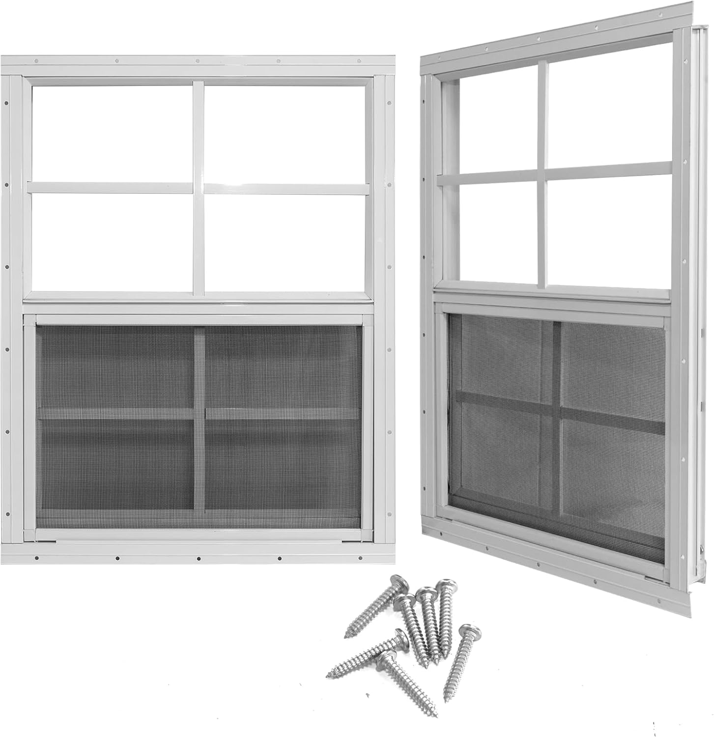Yuzzy 24" x 36" Shed Windows with Tempered Glass and Fiberglass Screen, 2 Pack Small Sliding Windows for Shed, Chicken Coop, Playhouse, Household, Garage, Barns (White)