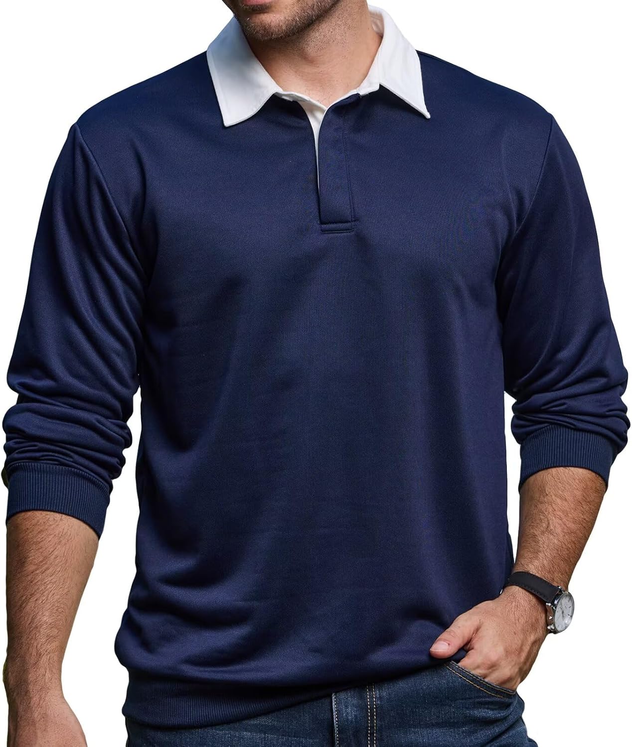 Remxi Mens Long Sleeve Polo Shirt Casual Button Down Sweatshirts for Men Classic Pullover Contrast Collar Shirts