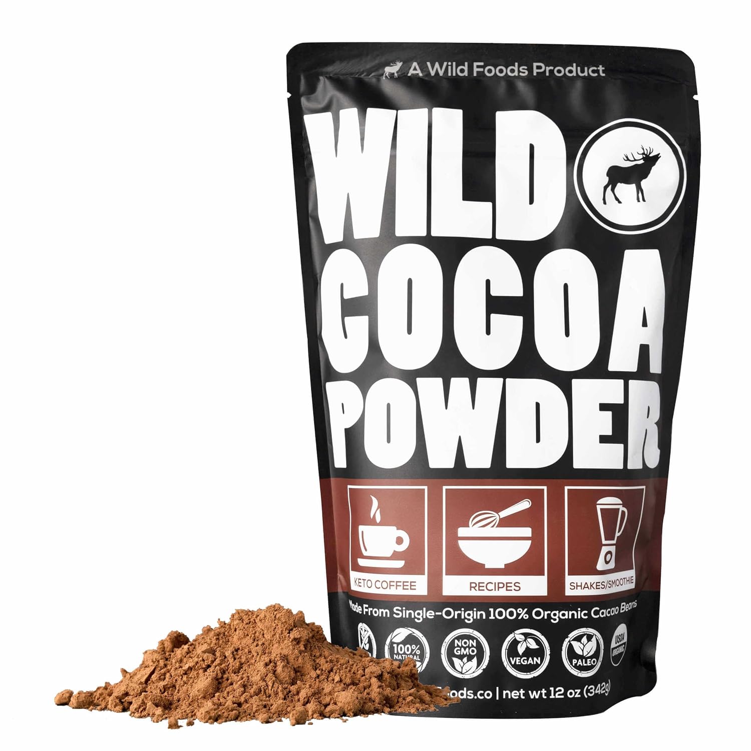 Wild Foods Organic Cocoa Powder | Single Origin Unsweetened Keto Chocolate Powder for Cooking & Baking | 100% Natural Cacao Beans | Sugar Free Non Dutch Raw Superfood Powder | 12 oz