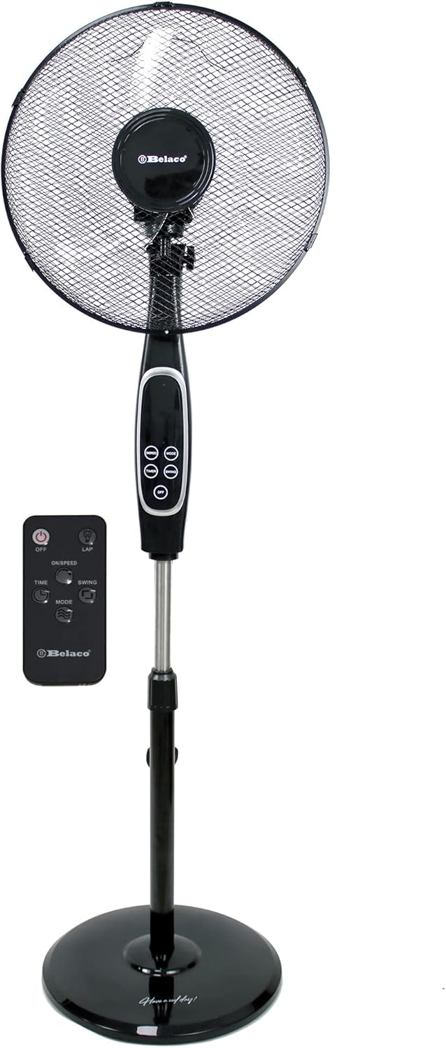 Belaco Stand Fan Pedestal 16" Oscillating Free Stand Floor, 7.5 Hour Timer, Remote Control 45W adjustable height, Black
