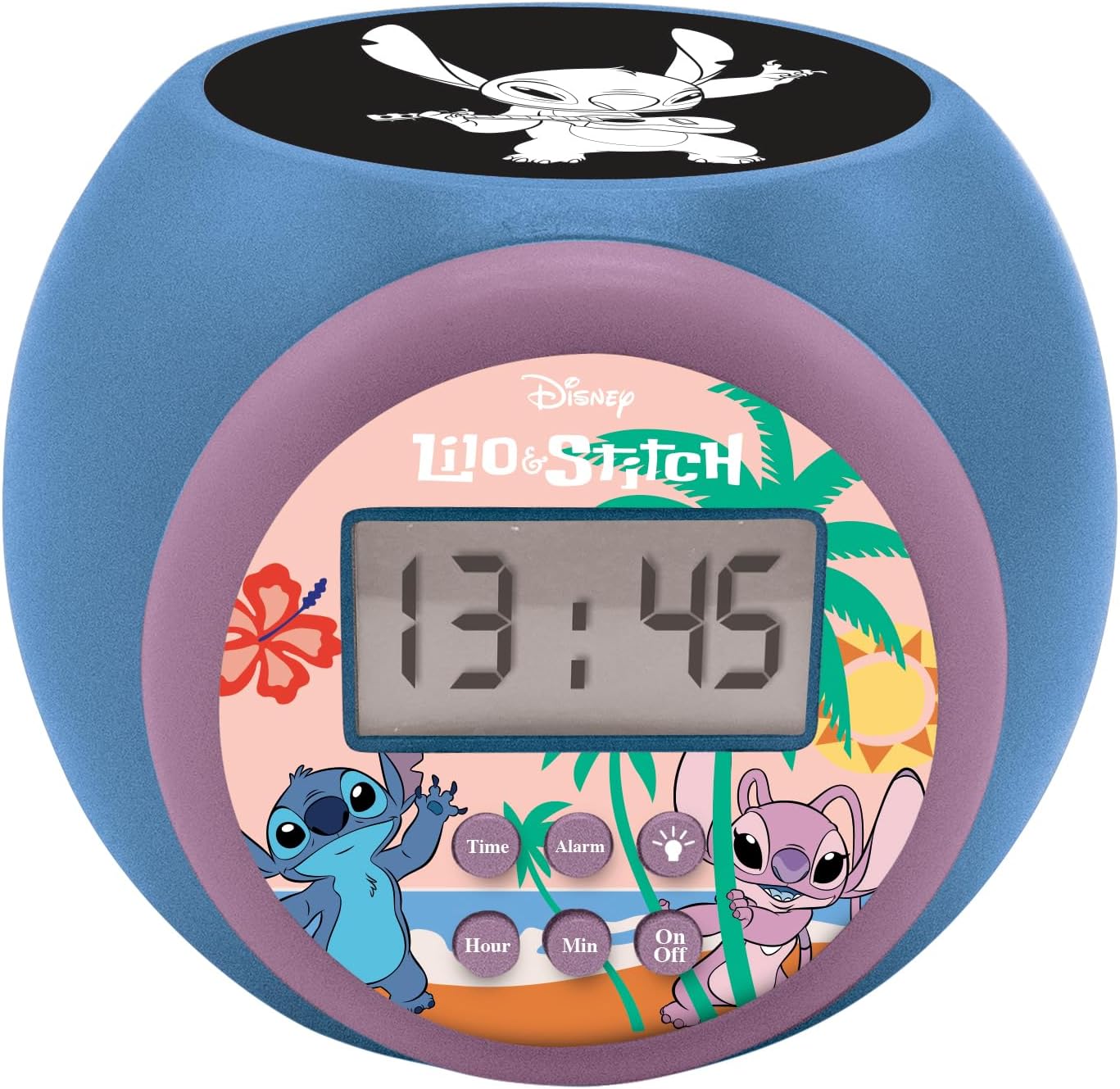 LEXIBOOK, Disney Stitch, Projector alarm clock with snooze function and alarm function, Night light with timer, LCD screen, battery operated, Blue, RL977D