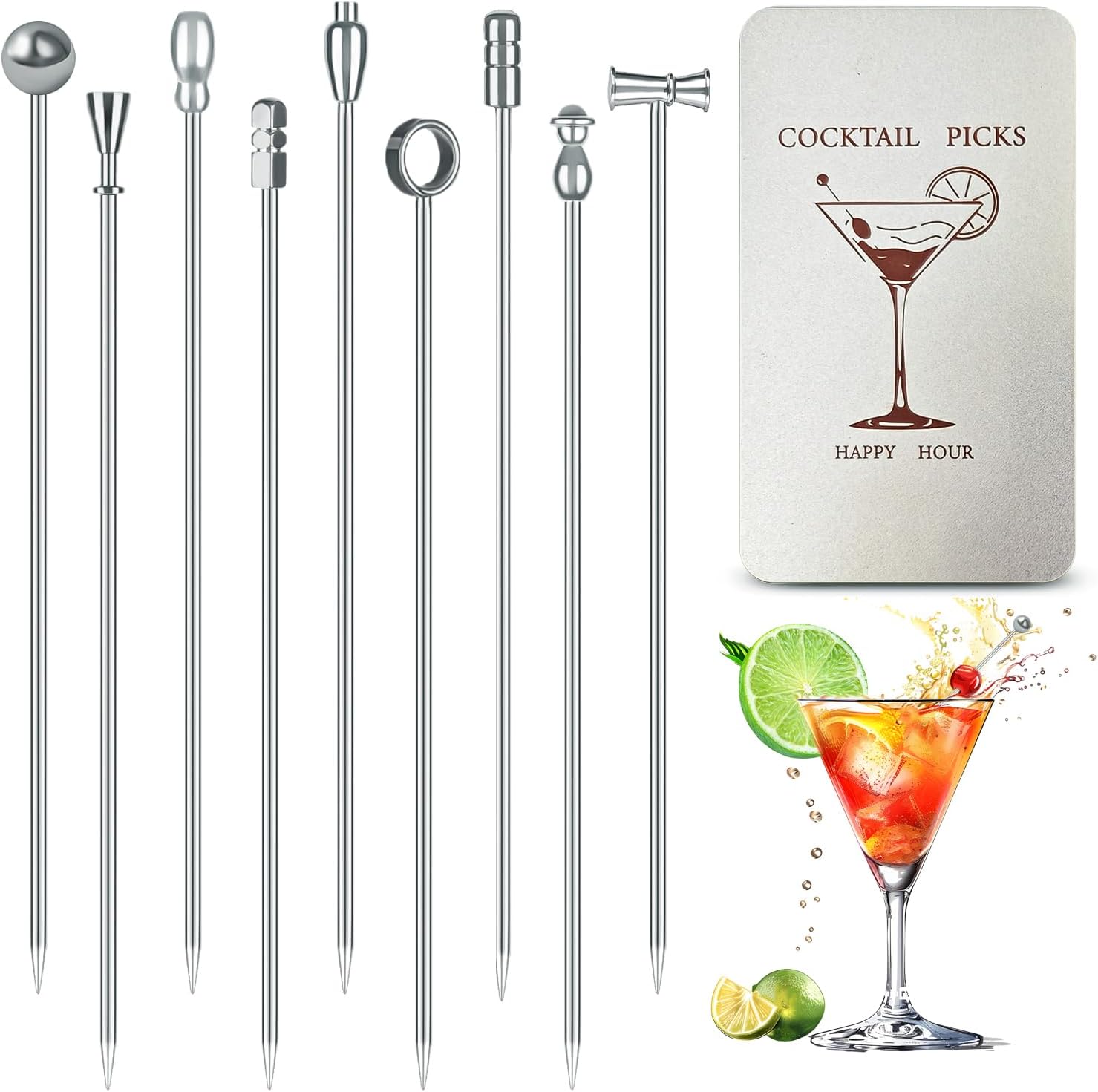 9 Pcs Metal Martini Cocktail Picks, 4.1Inches Olive Skewers Stainless Steel, Martini Garnish Sticks Reusable, Metal Toothpicks for Drinks, Appetizers, Bar Accessories Supplies for Bartenders -Sliver