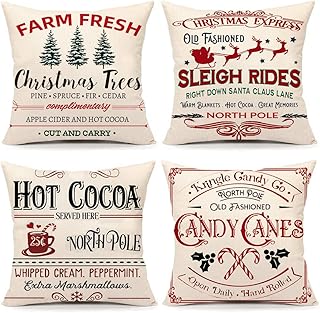 AOKE Farmhouse Christmas Pillow Covers 18x18 Set of 4 Winter Holiday Decorations Xmas Rustic Throw Cushion Case for Sofa Couch Home Decor (Sleigh Rides, Farm Fresh Tree, Cocoa, Candy Canes)