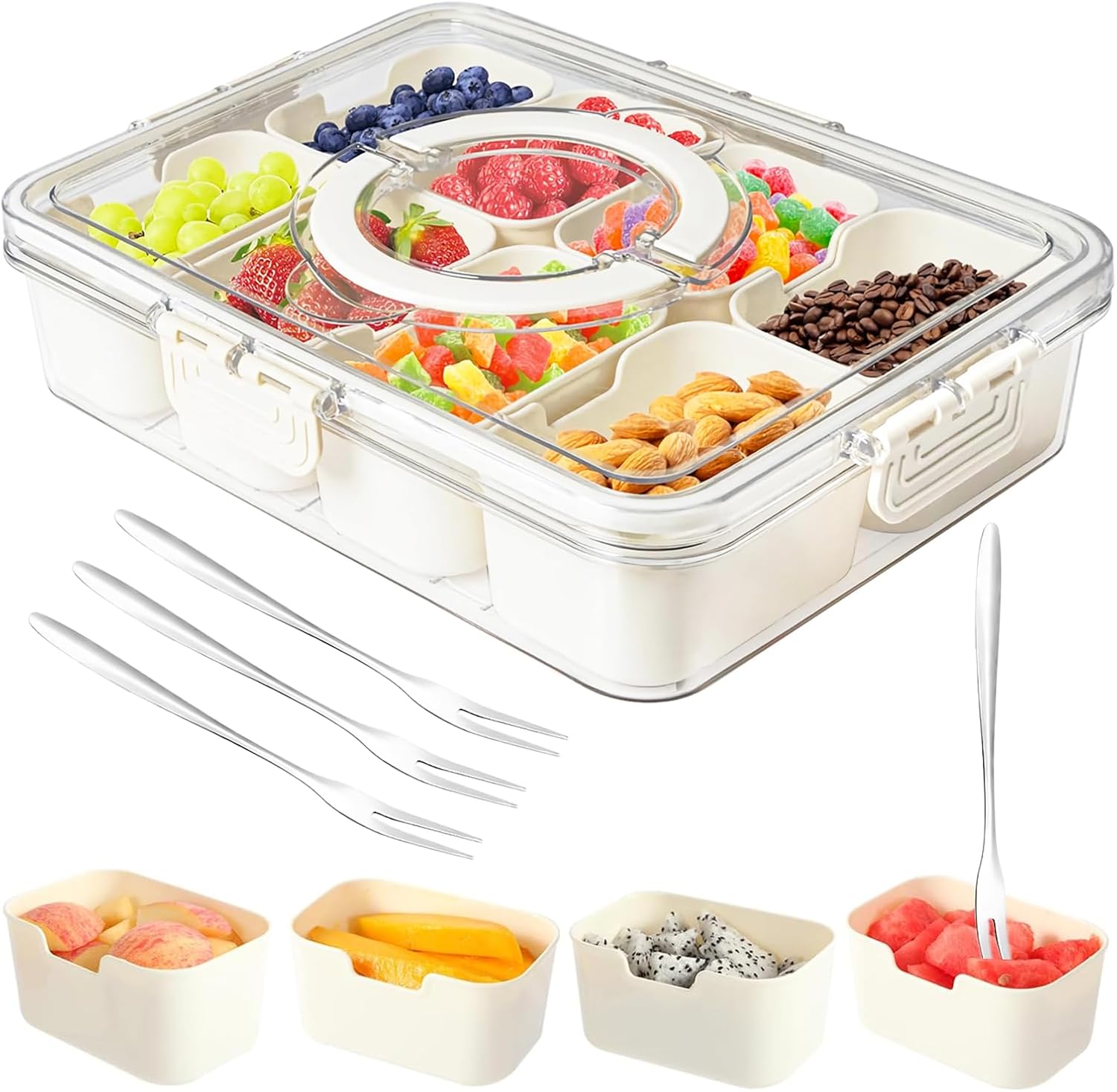 Snackle Box Container,Portable Snack Box 8 Compartment Divided Serving Tray with Lid and Handle,Clear Storage Organizer for Fruit Candy Nuts Veggie-Perfect for Road Travel Party（1 Pack）