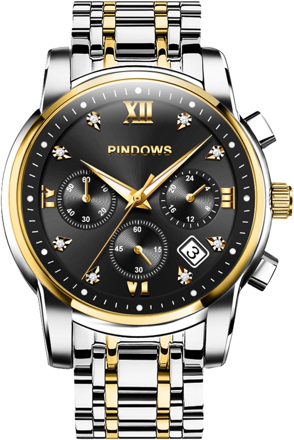 PINDOWS Men's Two-Tone Stainless Steel Quartz Watch, Day-Date, Luminous