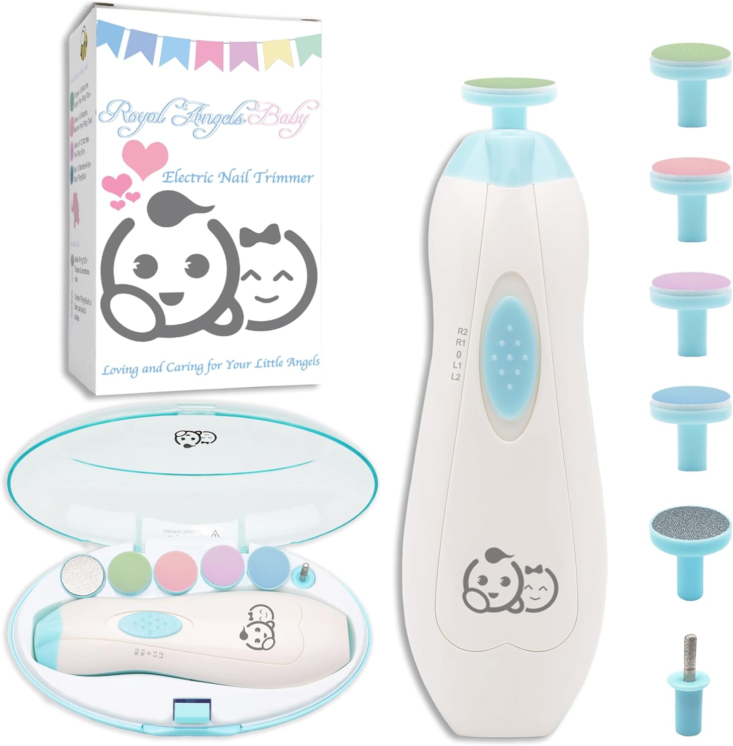 Baby Nail Trimmer 6 in 1, Royal Angels Baby Electric Nail File, Baby Grooming Kit Manicure Set for Toddler and Adults, Newborn Toddler Toes & Fingernails Nail Care Kit (Babyblue)