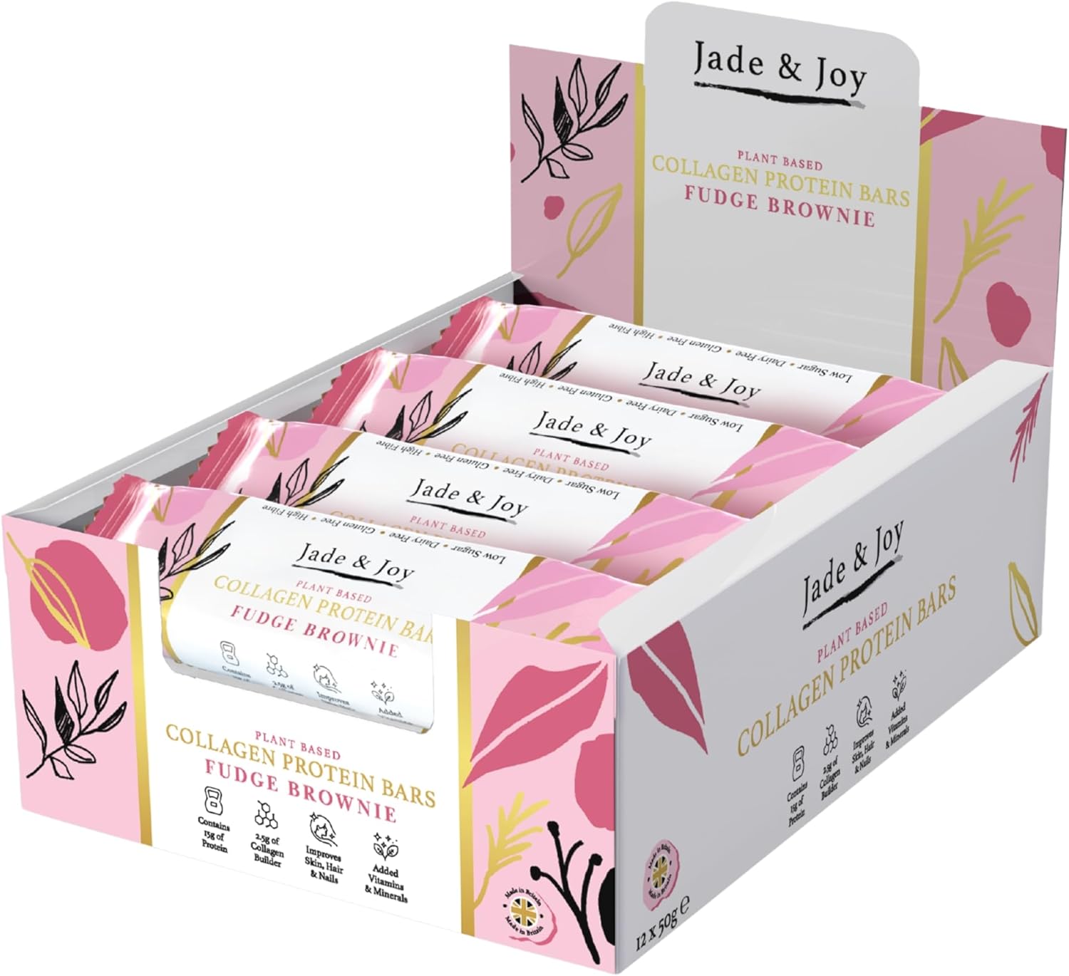 Jade & Joy Collagen Protein Bars, Fudge Brownie, 15g Protein, 2.5g Plant Collagen, Hyaluronic Acid, Low Sugar, Low Calories, Gluten Free, Dairy Free, added Vitamins & Minerals, 12x50g