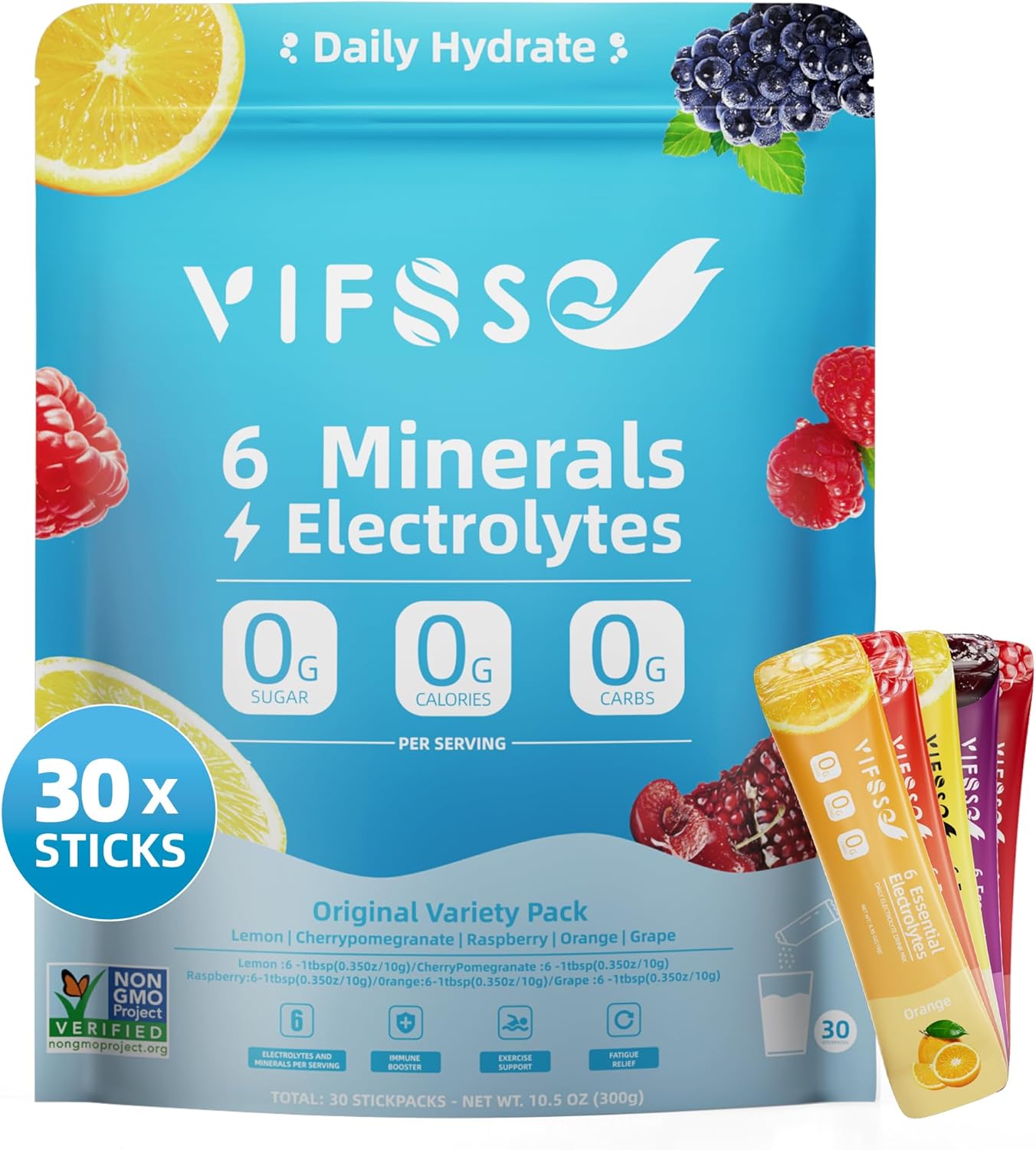 Electrolyte Powder Drink Mix - Rapid Hydration with 6 Minerals & Electrolytes, 30 Sticks, Sugar-Free Variety Packs of Lemon, Raspberry, Cherrypomegranate,Orange, Grape, for Workout & Energy Recovery