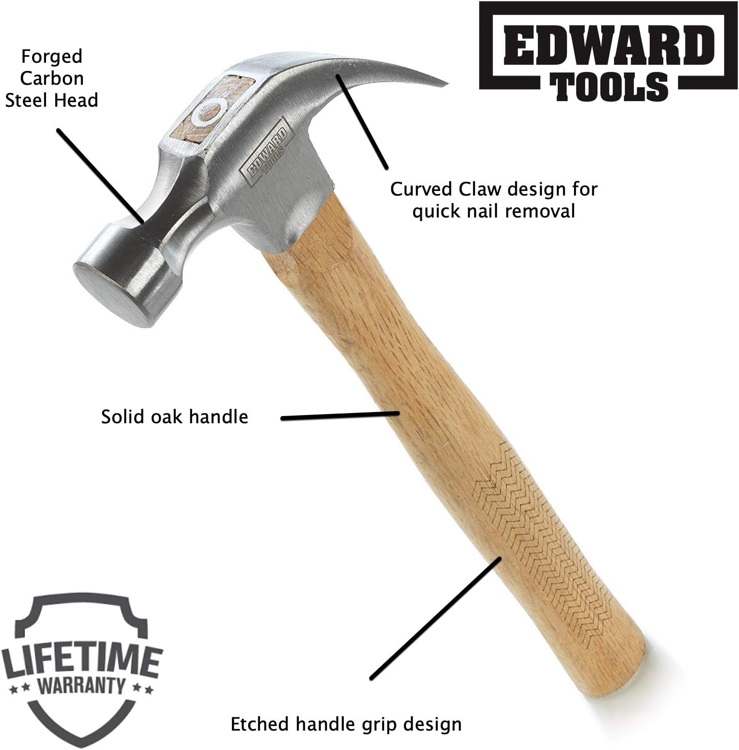 Edward Tools Oak Claw Hammer 16 oz - Heavy Duty All Purpose Hammer - Forged Carbon Steel Head - Etched Solid Oak Handle for more durability and grip (1)