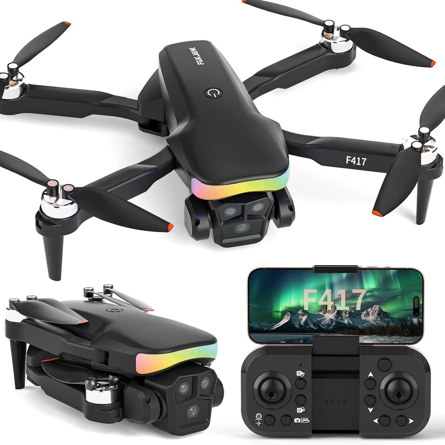 F417 Mini Drone with Camera 1080P HD 90°Electric Adjustable Lens RGB LED Light for Adults Beginners,FPV Drone Transmission Gravity Gesture Control Headless Mode Altitude Hold,3D Flip,Black,<249g