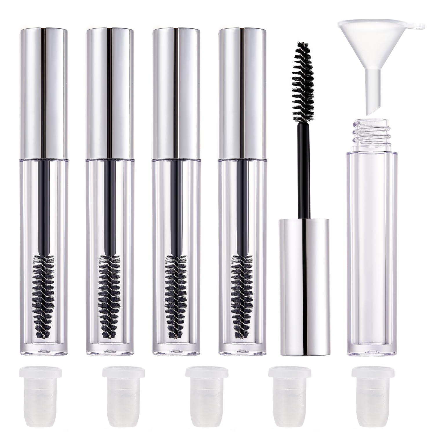 5 Pack Empty Mascara Tube, 2.5ml Transparent Reusable Eyelash Cream Container Bottle DIY Makeup Vials Cosmetic Tool for Castor Oil/Eyelash Growth Oil/Mascara with 5 Rubber Inserts, 1 Funnel