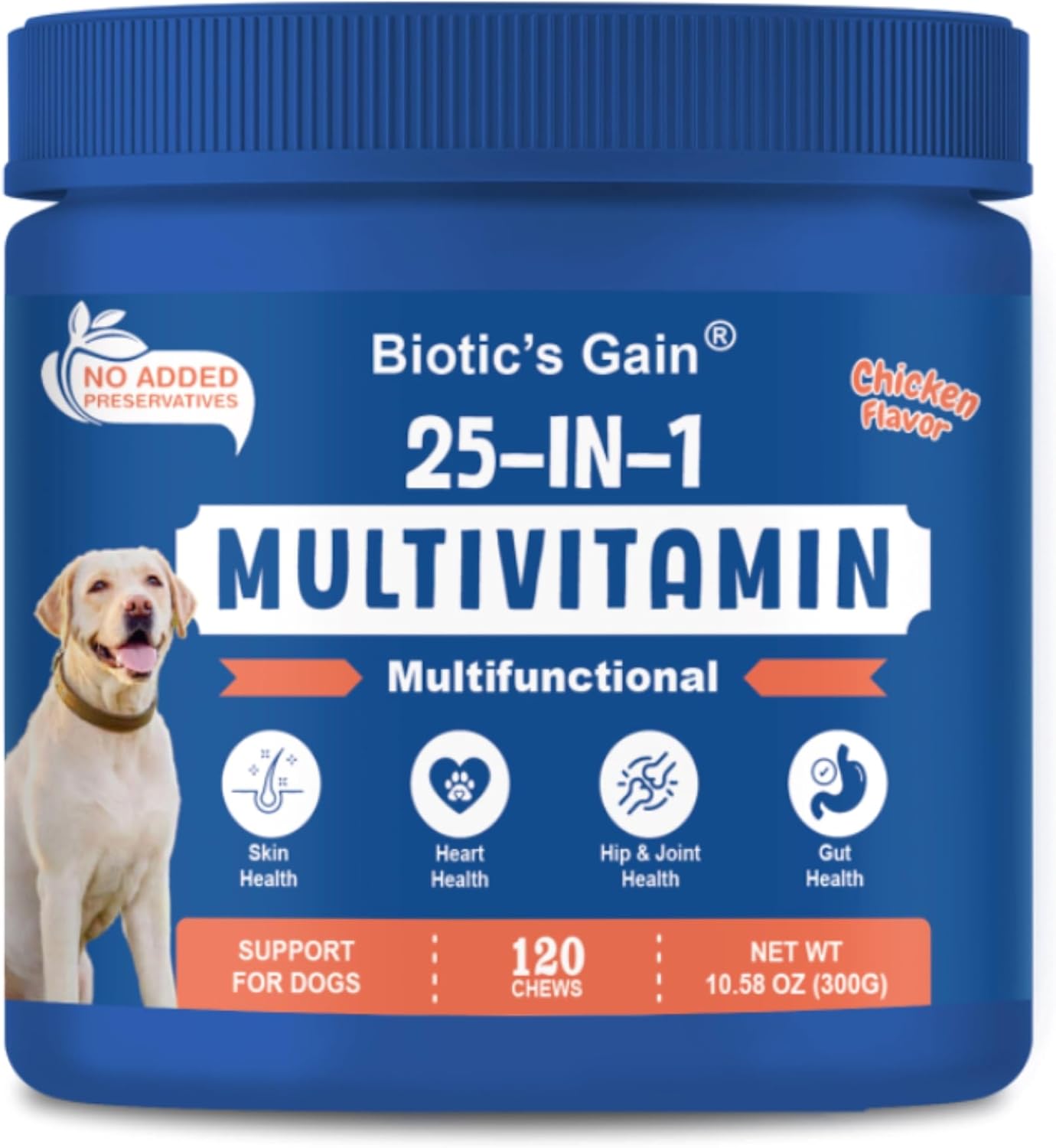 Biotic's Gain Dog Multivitamins, 25 in 1 Complete Care, 120 Soft Chews, Chicken Flavour (120, Chicken)