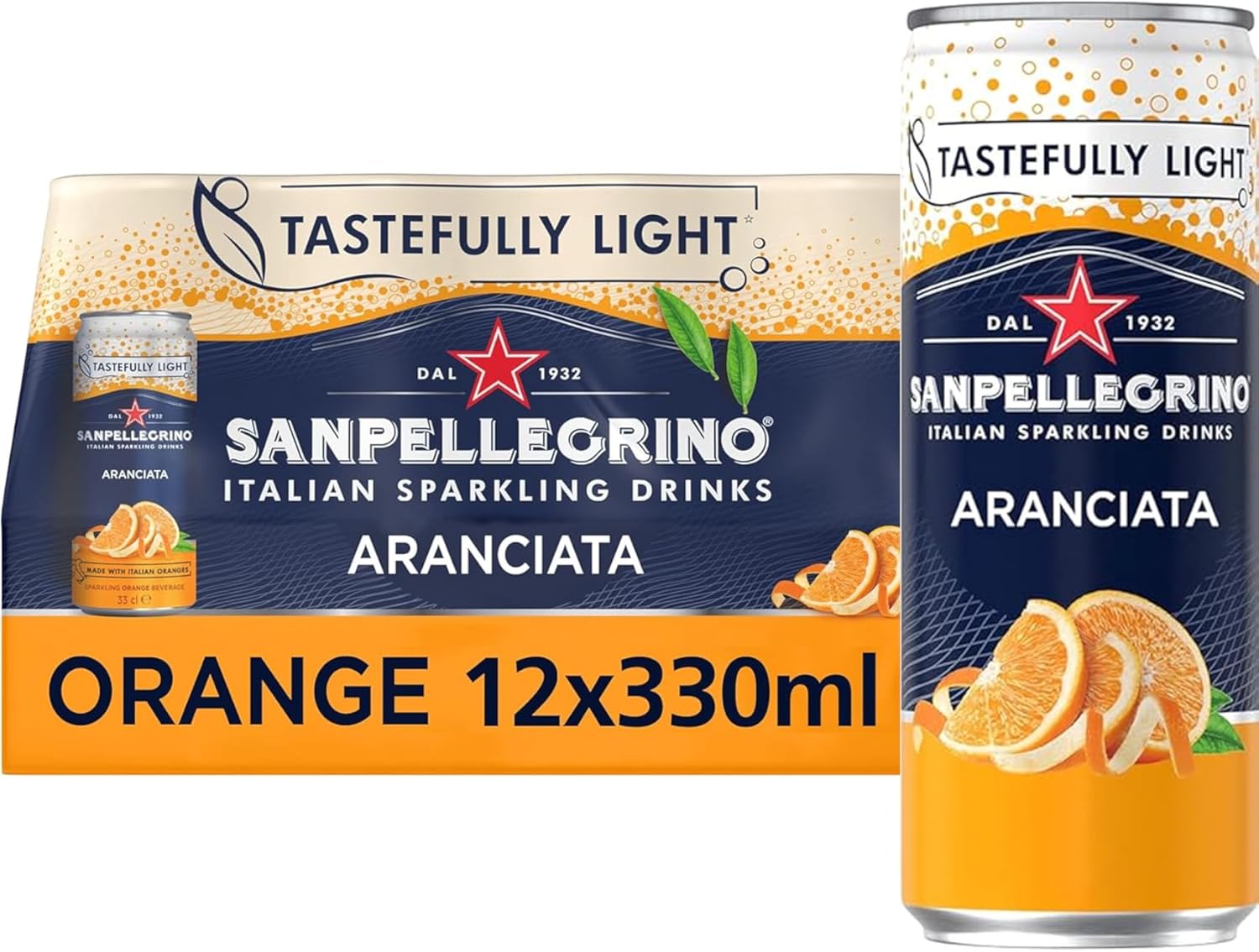 San Pellegrino Italian Sparkling Drinks Tastefully Light Sparkling Orange Canned Soft Drink 12 x 330ml | 64k Cals per Can