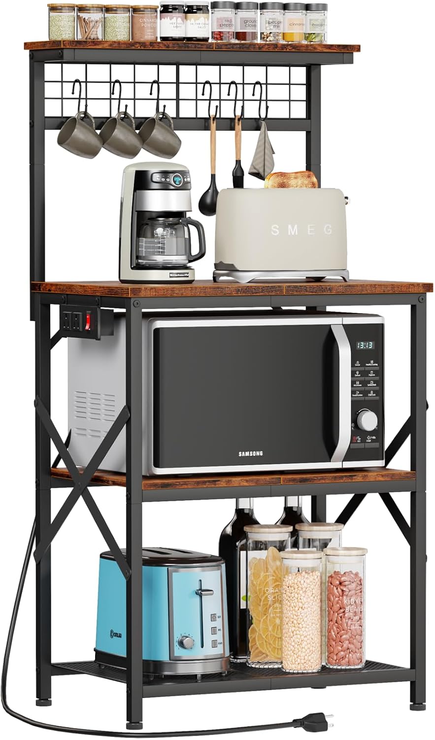 Furologee Kitchen Bakers Rack with Power Outlet, Microwave Oven Stand with Storage 4 Tiers, Coffee Bar Table with 6 S Hooks, Kitchen Storage Shelf Rack for Spices, Pots, Rustic Brown