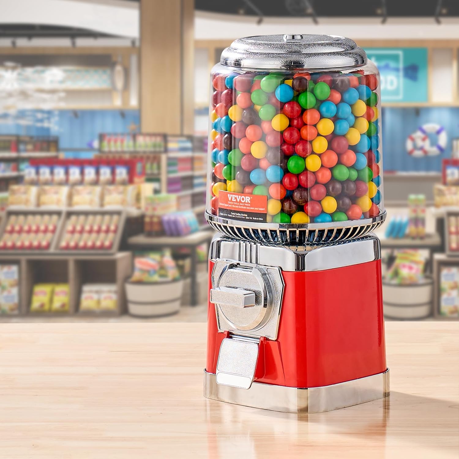 VEVOR Gumball Machine, 16"H Home Candy Vending Machine, PC Round Gumball Dispenser, Bubble Gum Machine for Game Stores, Coin Operated Gumball Bank for Toy Capsules Bouncy Balls Candy, Red